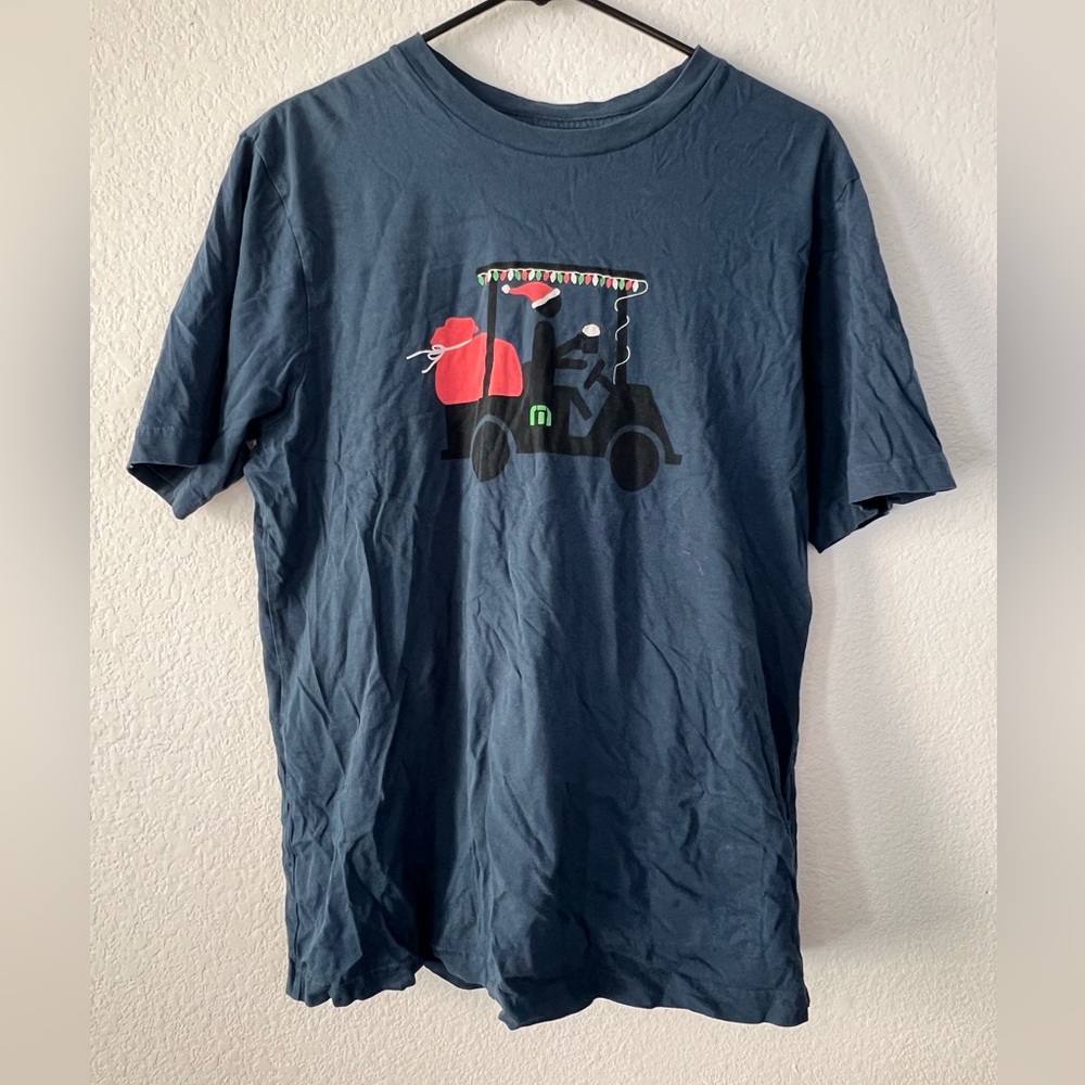 Travis Mathew T Shirt Mens Christmas Golf Cart Graphic Short Sleeve Blue Size M